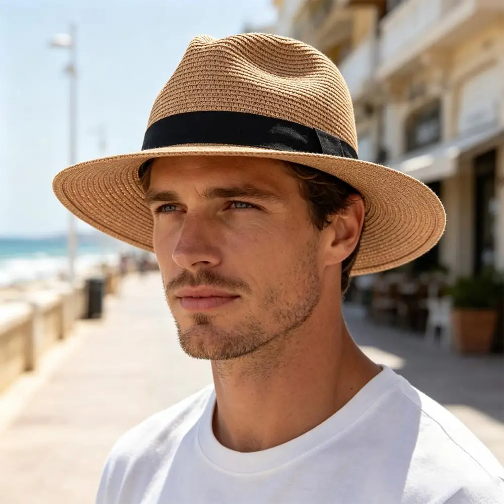 Men Paper Straw Sun Hat, Breathable Wide Brim UV Protection Beach Hat, Foldable Summer Sun Hat for Outdoor Vacation Travel 2026