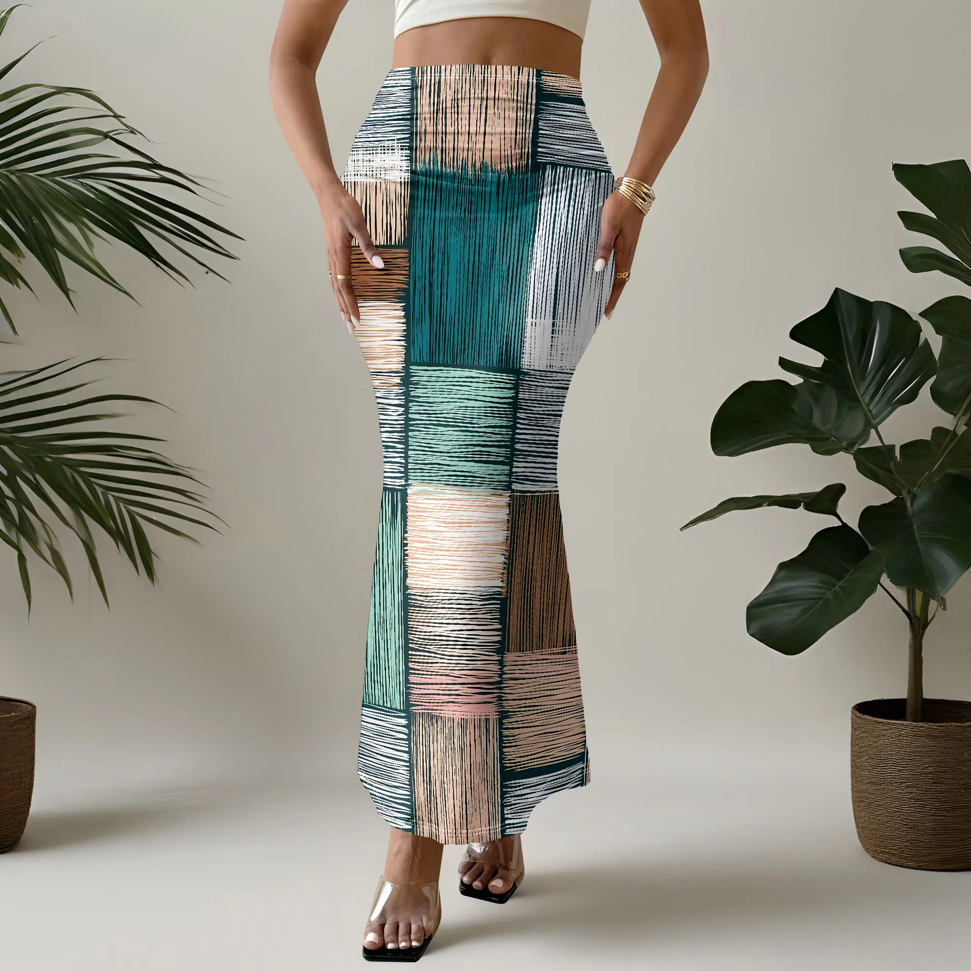 Abstract Print Mermaid Skirt, Color Block Maxi Skirt, Boho High Waist Long Skirt, Summer Beach Vacation Outfit, S-3XL