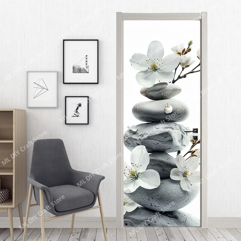 3D Door Sticker Green Zen Stone Purple Flower Art Mural Wallpaper PVC Adhesive Whole Door Package Home Decoration