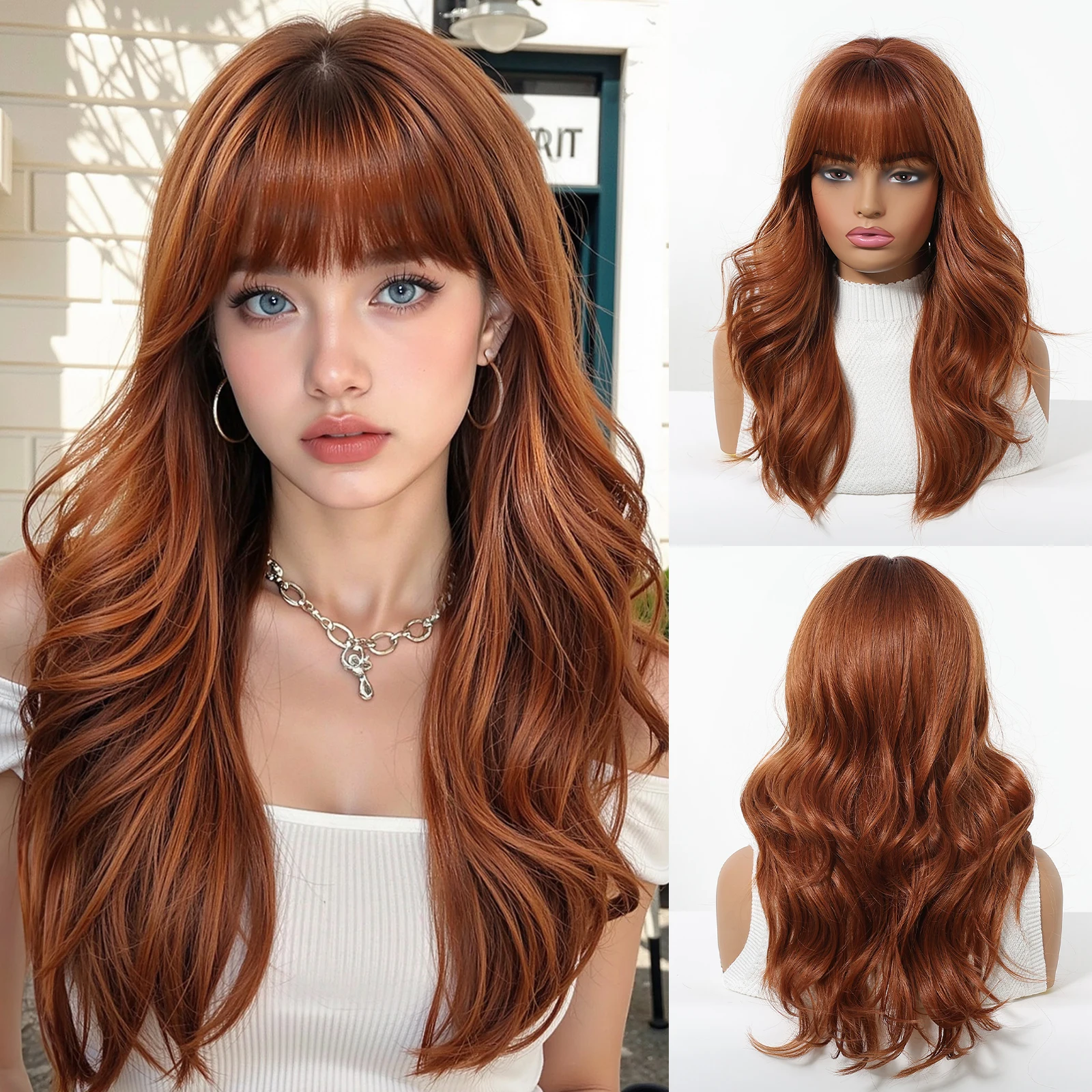 

20 Inches Loose Body Wave Synthetic Wigs Natural Brown Wigs With Bangs For Women Daily Party High Temperature Long Curly Wigs