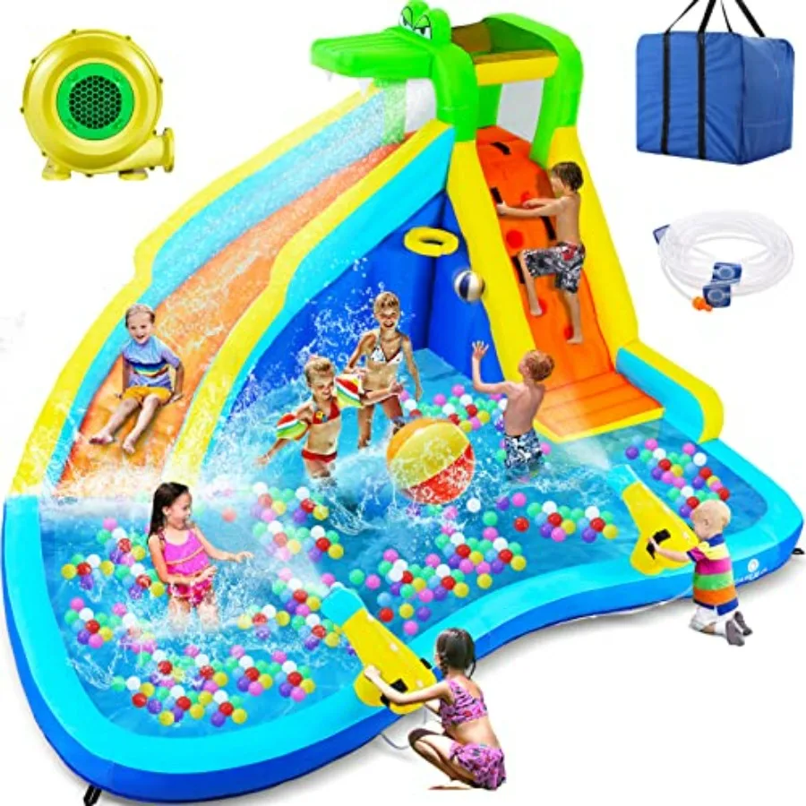 Outdoor inflatable water slides for backyard use, PVC material, blue-green crocodile design, 8-in-1 with climbing wall, basketb