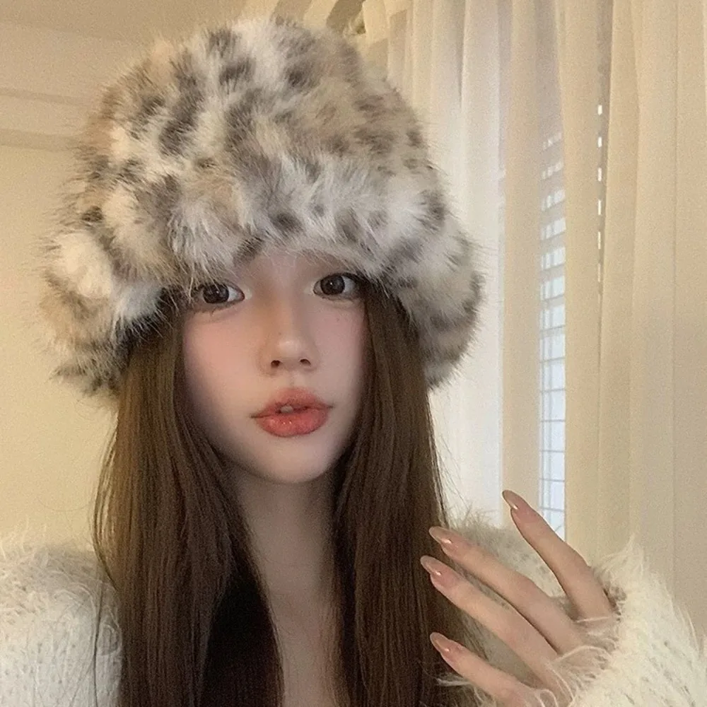 Fashion Warm Fluffy Fur Bucket Hat Windproof Snowy Day Panama Cap Cover Head Cap Ear Protection Mongolian Cap Women
