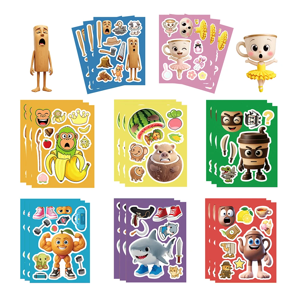 8/16sheets Italian Brainrot Make a Face Puzzle Stickers Tung Tung Sahur Animals DIY Assemble Jigsaw Cartoon Decals Kid Party Toy