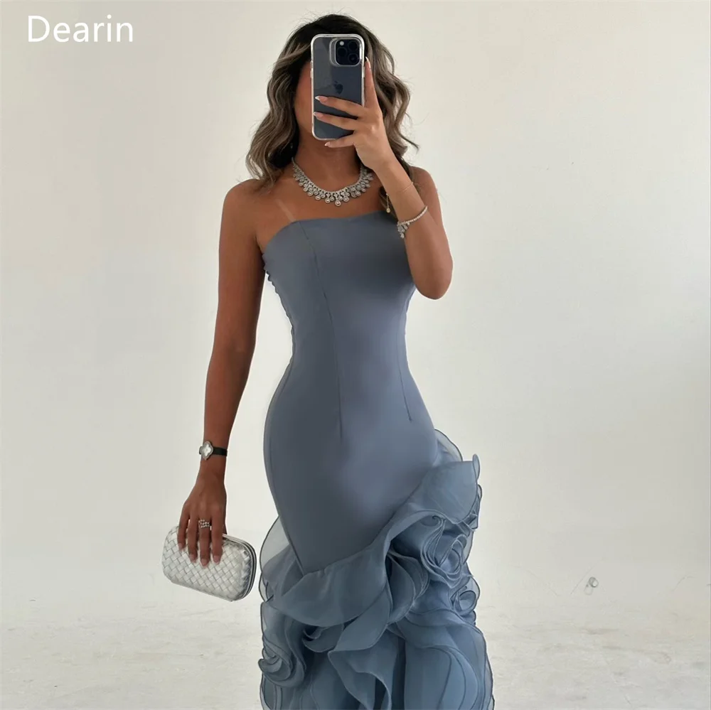 Customized Evening Gown Women Formal Dearin Strapless A-line Floor Length Skirts Tulle Layered Contoured Sleeveless Bespoke Occa