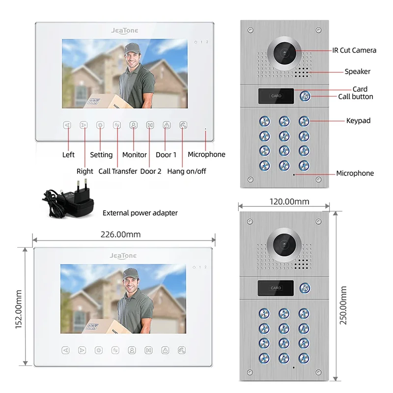 Jeatone Code Keypad Unlock Wifi Doorbell Video Intercom System Tuya Smart 1080P 7 Inch Touch Monitor for Home Access Control Kit