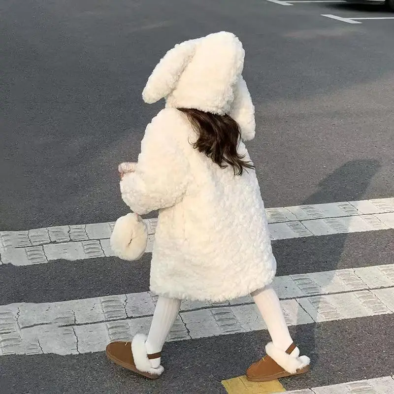 Girls' Plush Coat Lovely Rabbit Ears Hooded Faux Fur Coat Winter New White Lamb Wool Warm Thickened Sweet Cotton Parka