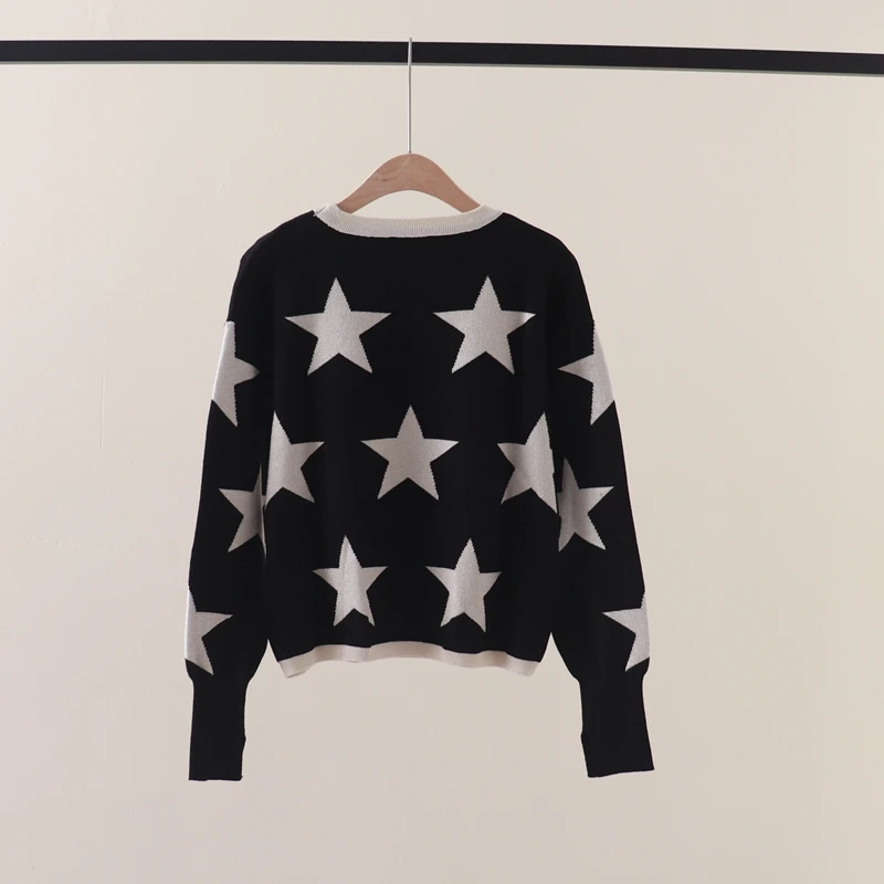 Sparkling Star Jacquard Pullover Knitted Shirt Round Neck Long Sleeve Loose Relaxed Sweater for Women