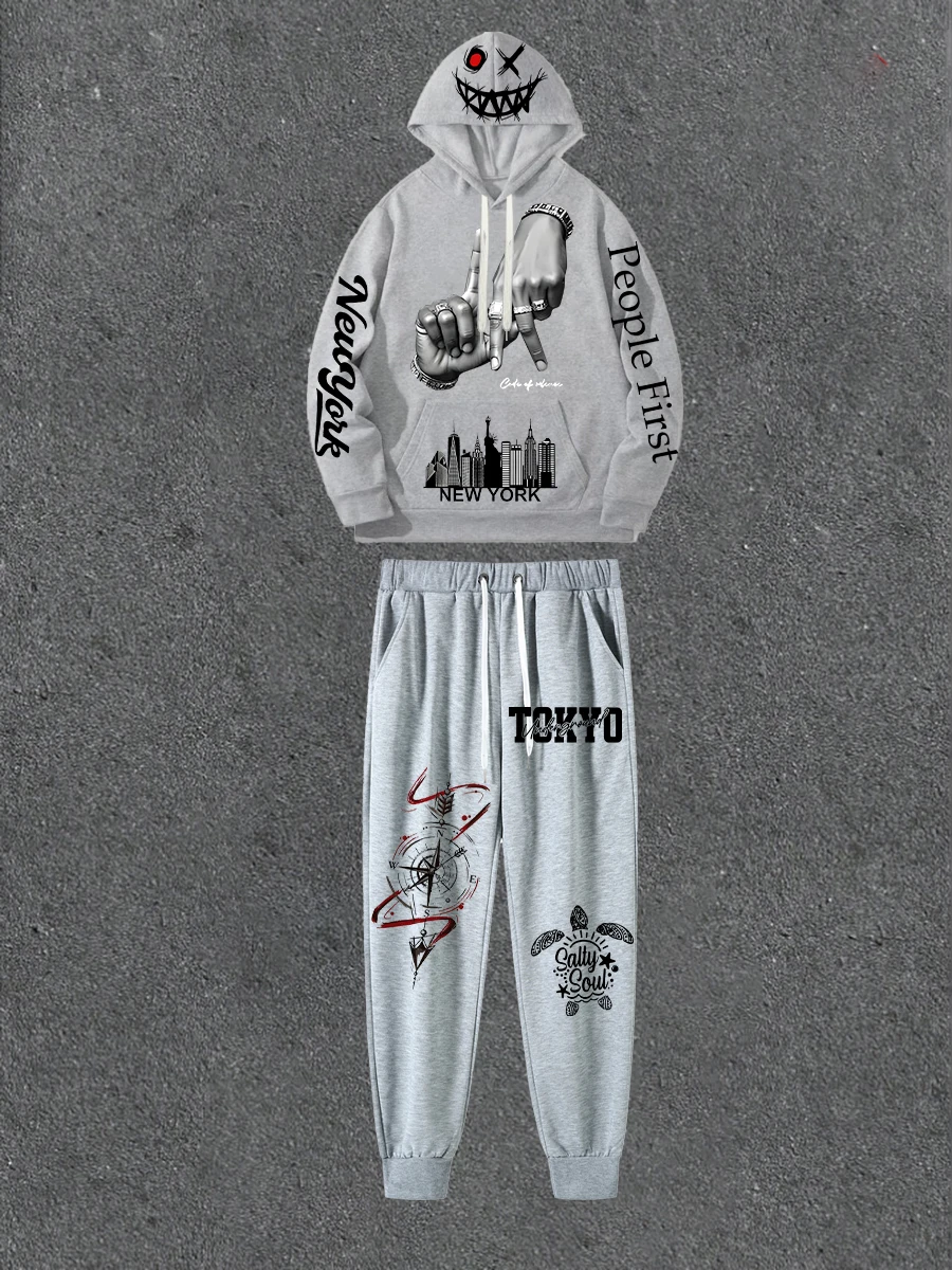 

Gray Double-sided Printed Hoodie Paired With Printed Casual Pants Loose Hoodie Street Style Outfit With Casual Pants