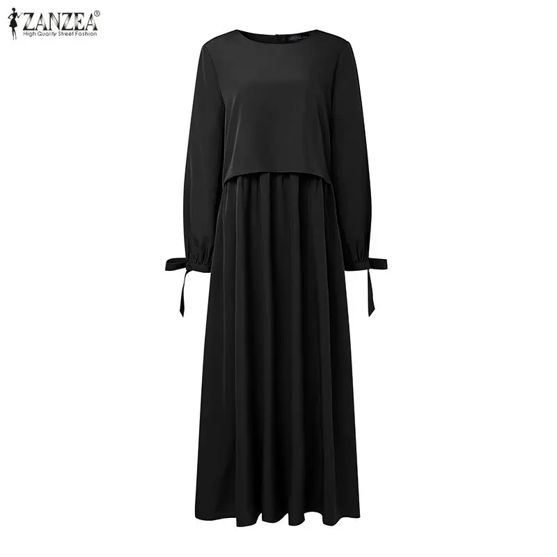 

Мусульманские женские многослойные платья макси с круглым вырезом, длинными рукавами, однотонные, свободные, с хиджабами, абайи, робы ZANZEA, исламская одежда для Рамадана