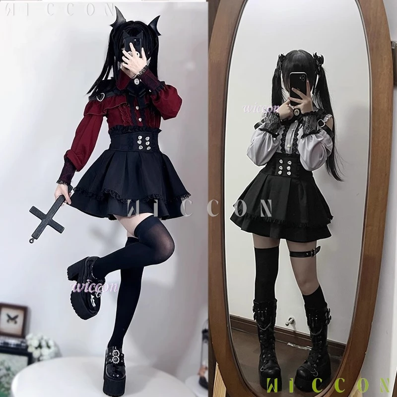 Jirai Kei Outfit Lolita Girls Camicetta Top Donna Kawii Bow Gonne nere Camicie Camicia a maniche lunghe Y2K Dolce signora giapponese Dress Up