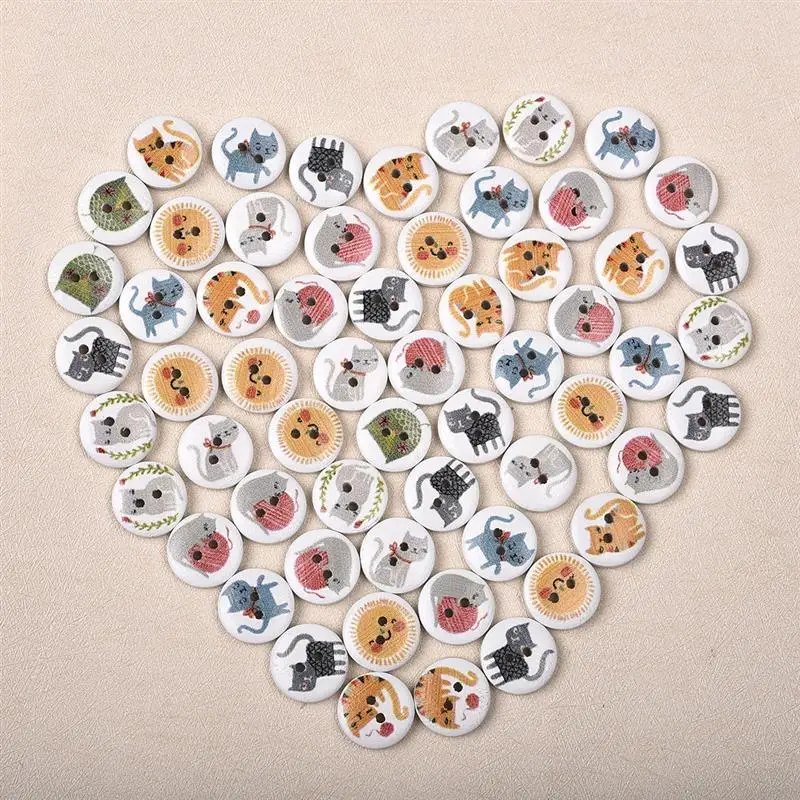 50Pcs New Flower Printed Round Wooden Button 2 Holes 15mm Mixed Wood Buttons Sewing Accessories For Clothing Decoration DIY