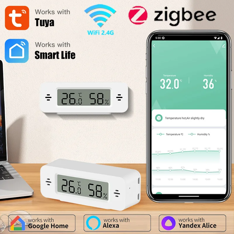 Tuya Zigbee Temperature Humidity For Smart Home Thermometer APP Remote Control Work with Zigbee2MQTT ZHA Alexa SmartLife