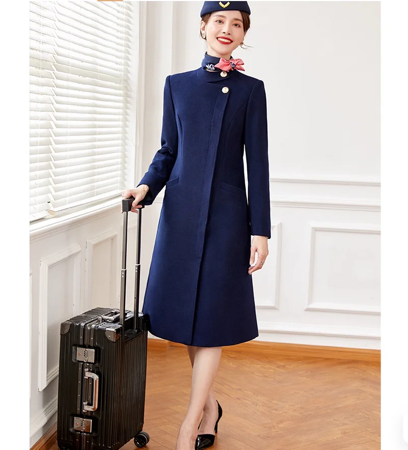 Winter wool stand up collar jacket women's flight attendant uniform medium long thick work uniform
