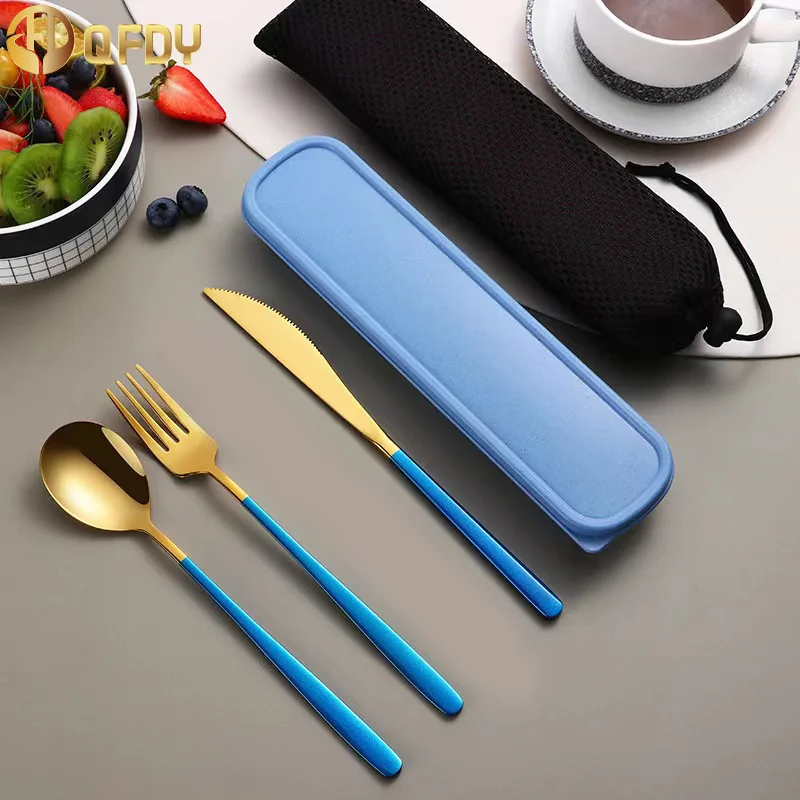 ชุดเครื่องใช้บนโต๊ะอาหารชุดมีดพกพาชุดอุปกรณ์ทานอาหารสแตนเลสมีดส้อมช้อนเดินทางพร้อมกล่อง304