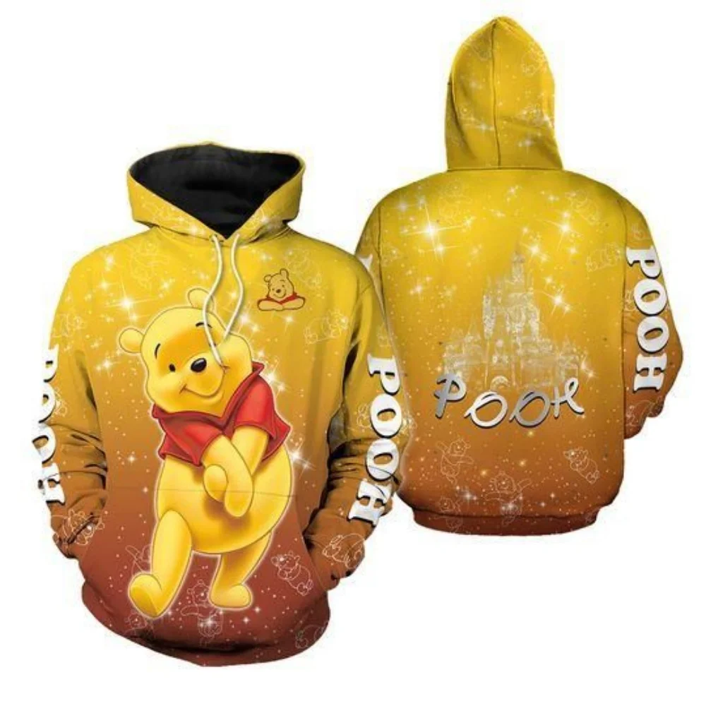 Tenues graphiques de dessin animé Disney pour hommes et femmes, Winnie l'Ourson, sweat à capuche jaune avec fermeture éclair, impression 3D intégrale, vêtements pour enfants