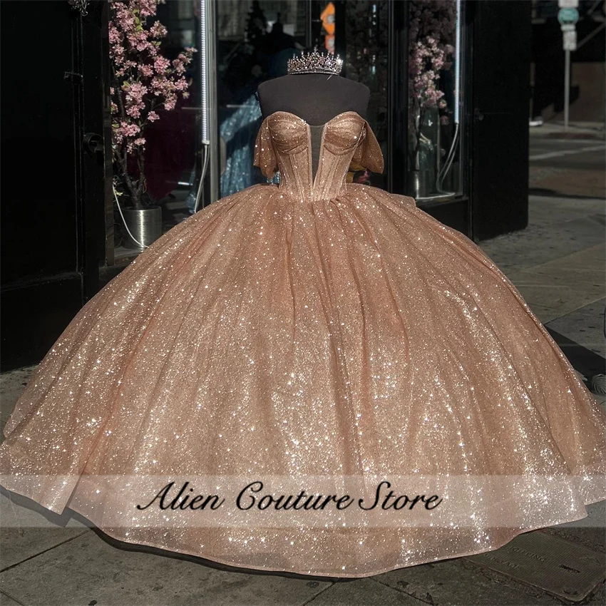 Sparkly Rose Gold Quinceañera Jurken Uit De Schouder Prinses Baljurk Met Strik Aangepaste Lace-up Vestidos De 15 Años