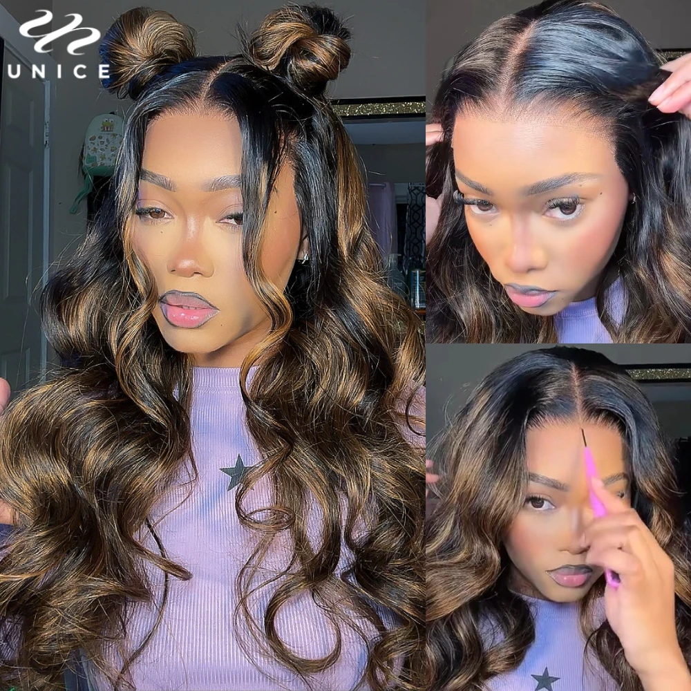 UNICE Haar Balayage Hoogtepunt Body Wave Pruik 7x5 Voorgesneden Voorgebleekte Lijmloze Pruik Echt haar Klaar om te dragen Go 150% Dichtheid