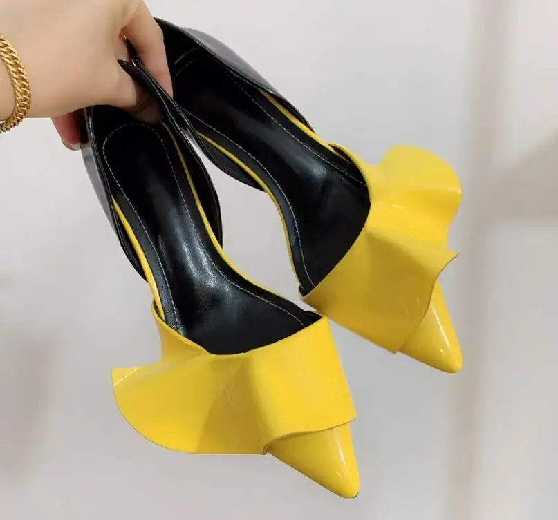 Yellow White Ruffles Side Cutout Kitten Heels Pumps Women Patent Leather falbala Patchwork Pointed Toe Mixed color Banquet Shoes