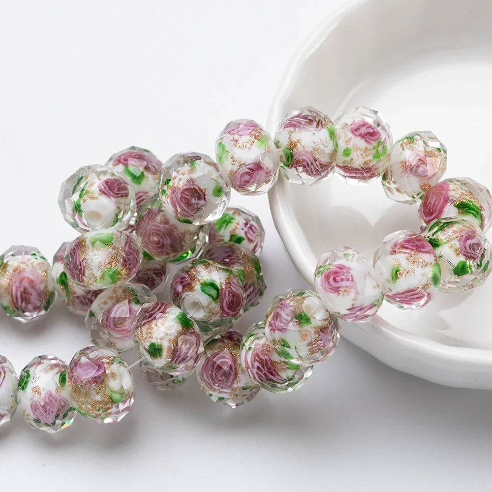 8 10 12MM Murano Lampwork Rondelle Beads Faceted Rose Flower Glass Bead Loose Spacer Beads for Bracelet Neacklace Jewelry Making