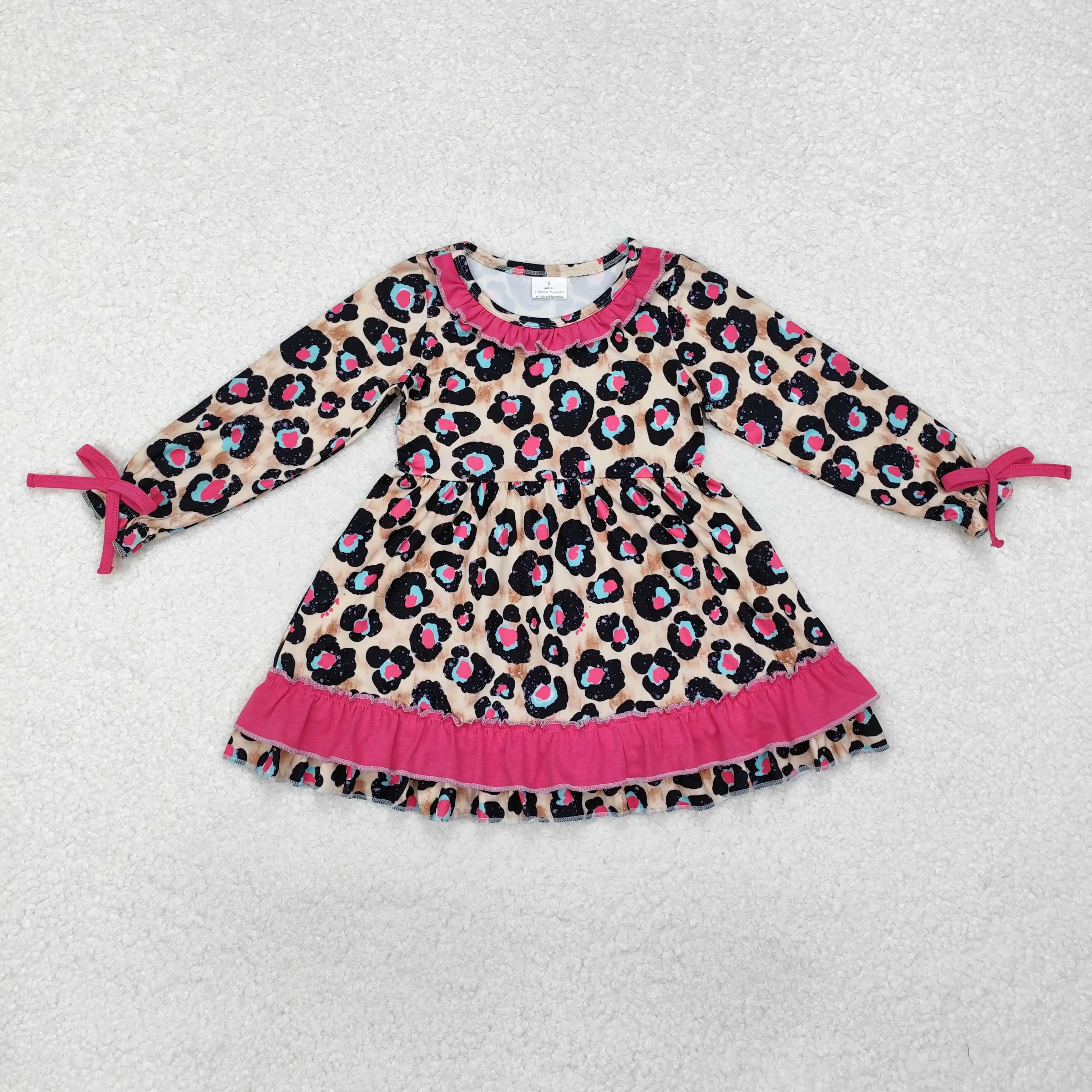 

new rts hot selling girls dress wholesale boutique rose red leopard print pattern long sleeve fall girls dress