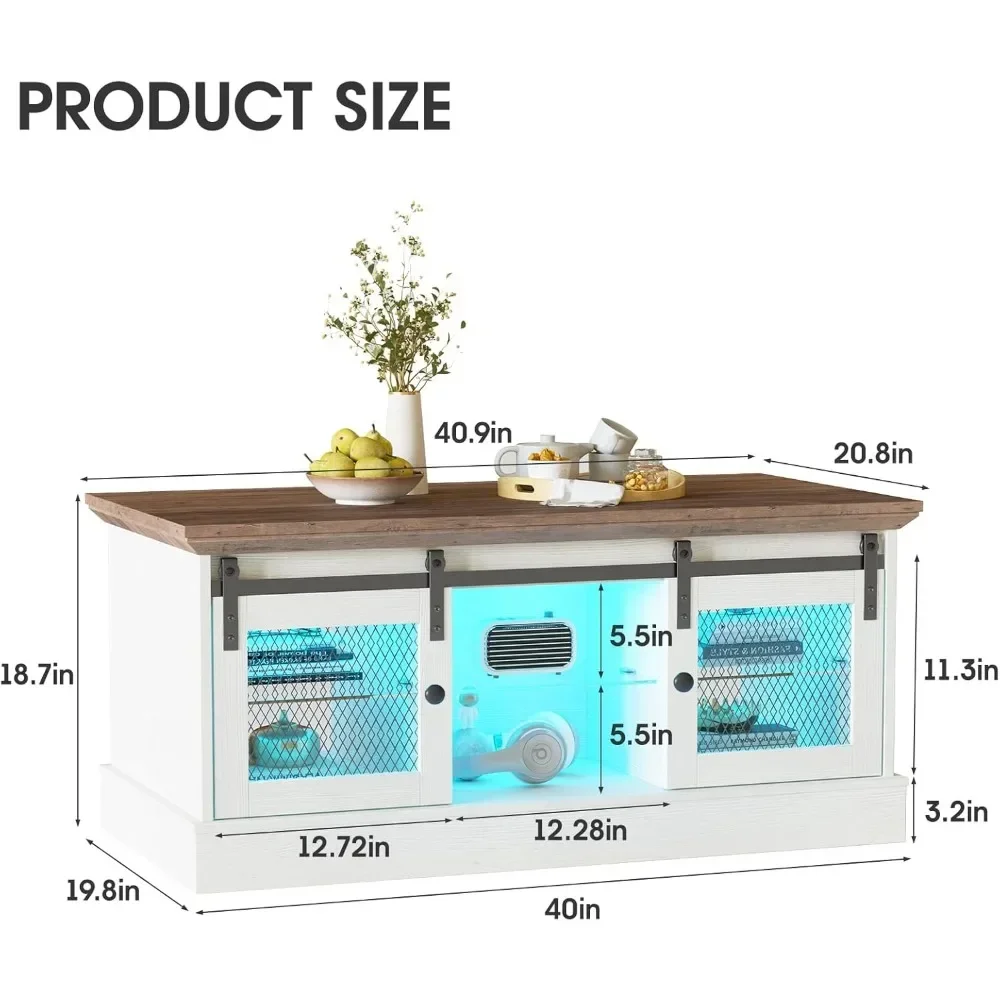 Mesa de sala de estar com luzes LED, porta de armazenamento e porta de celeiro deslizante, prateleiras ajustáveis, armário retangular central rústico