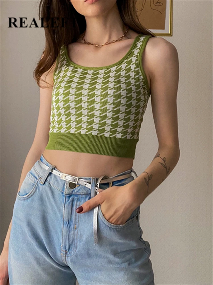 REALEFT 2022 New Sexy Women Summer Crop Tops Short Fashion Houndstooth Sleeveless Knitted Tops Vest Ladies Stretchy Camis Female