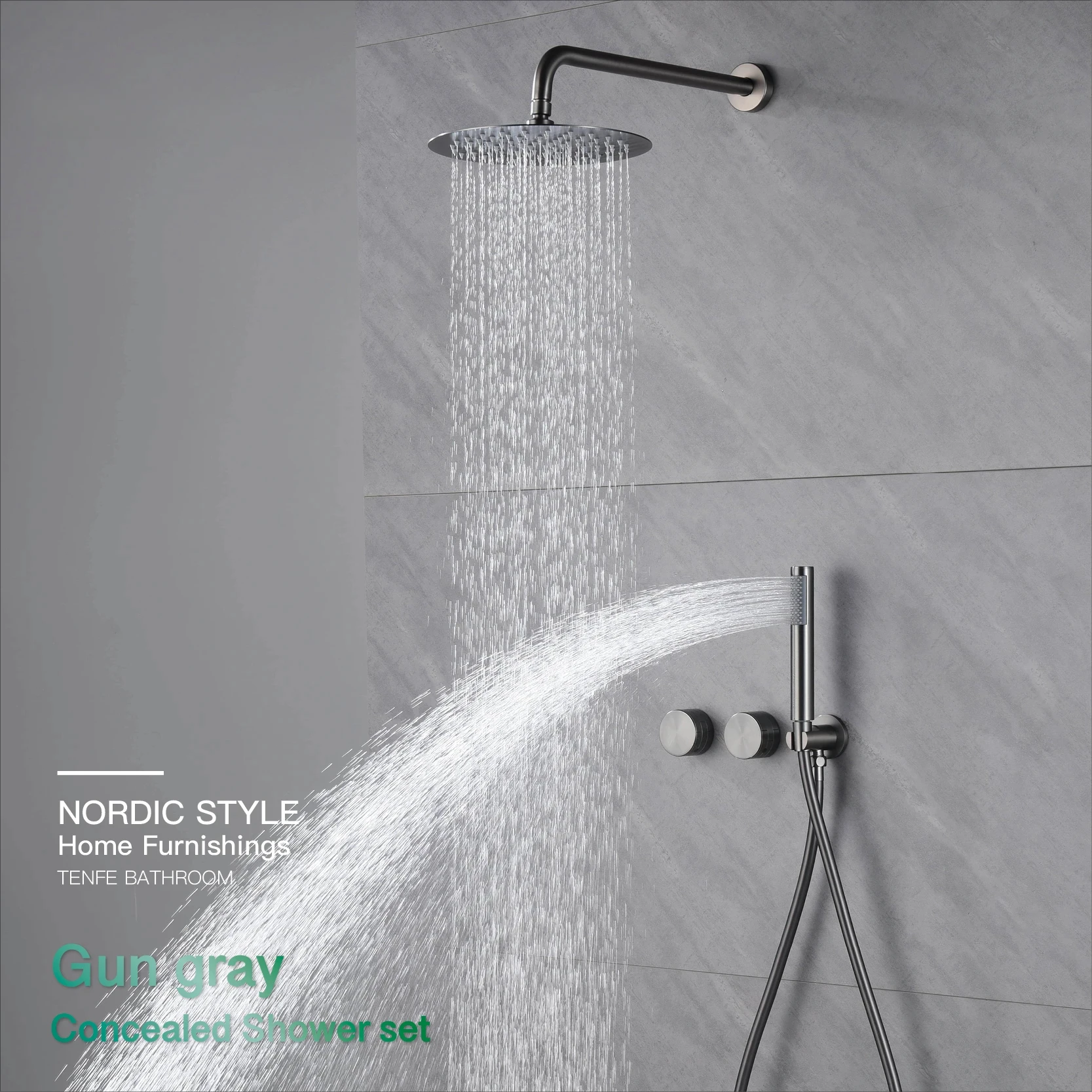 

Luxury gun gray brass wall mounted shower system with embedded design, dual handle hot and cold water, simple bathroom faucet