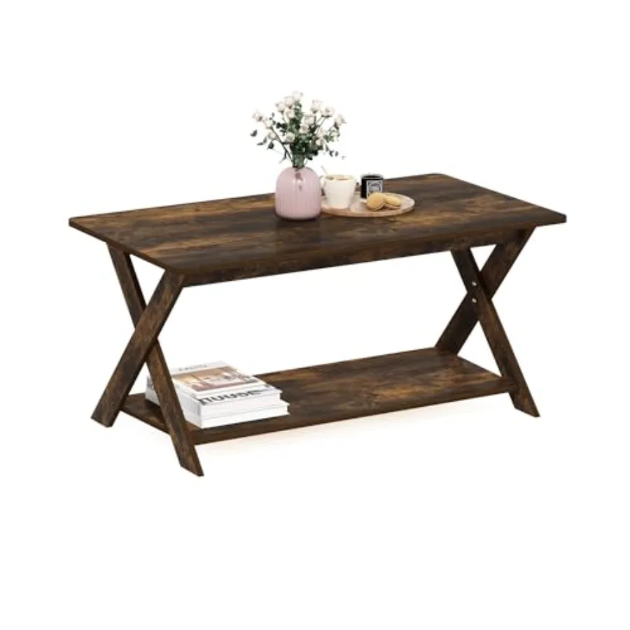 

Modern Simplistic Coffee Table 2-Tier Rectangle Modern Coffee Table with Open Shelf and X-Legs Criss-Crossed Side Table for Liv