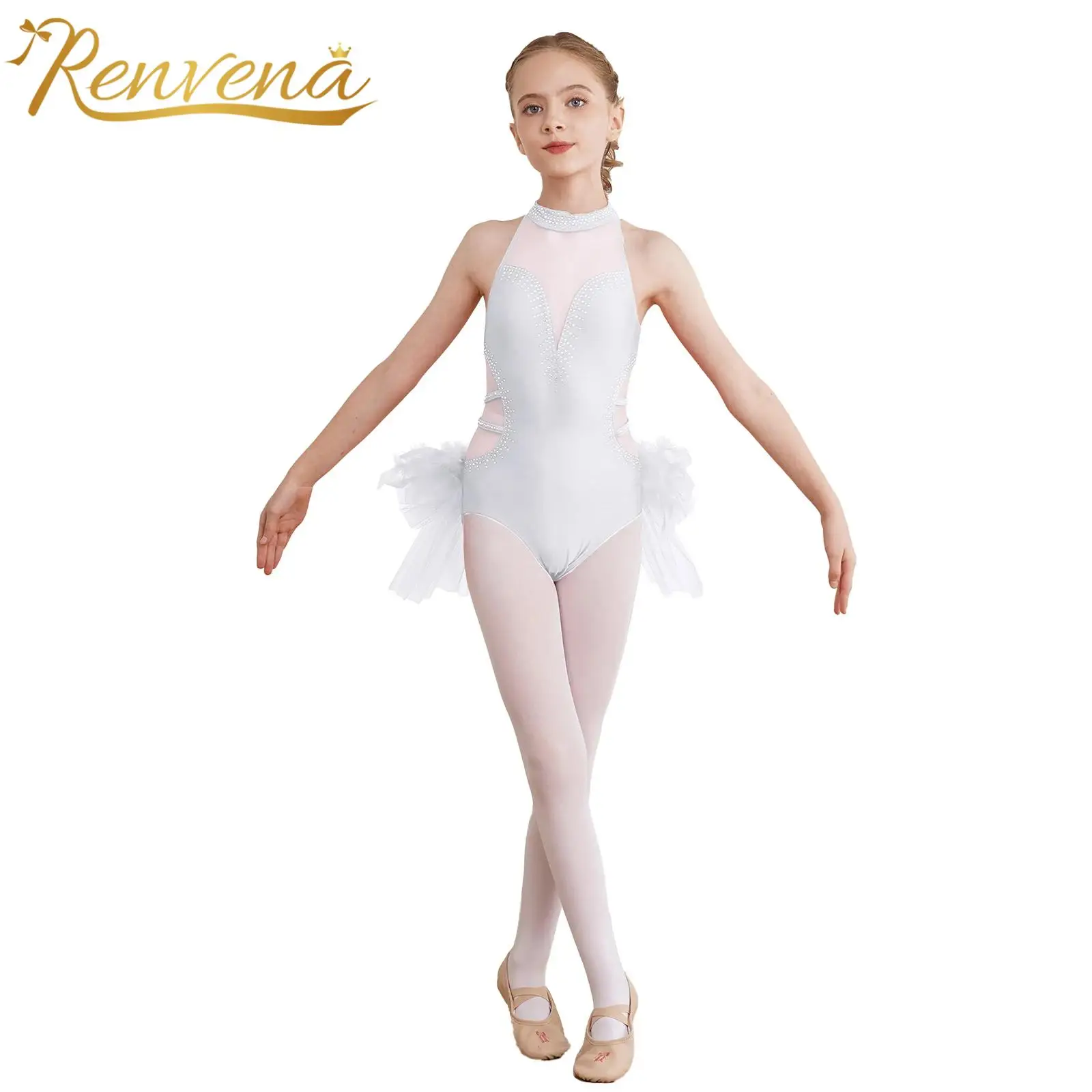 

Kids Girls Skating Bodysuit Rhythmic Gymnastics Leotard Ballet Tutu Dance Jumpsuit Sleeveless Tulle Skirted Performance Costume