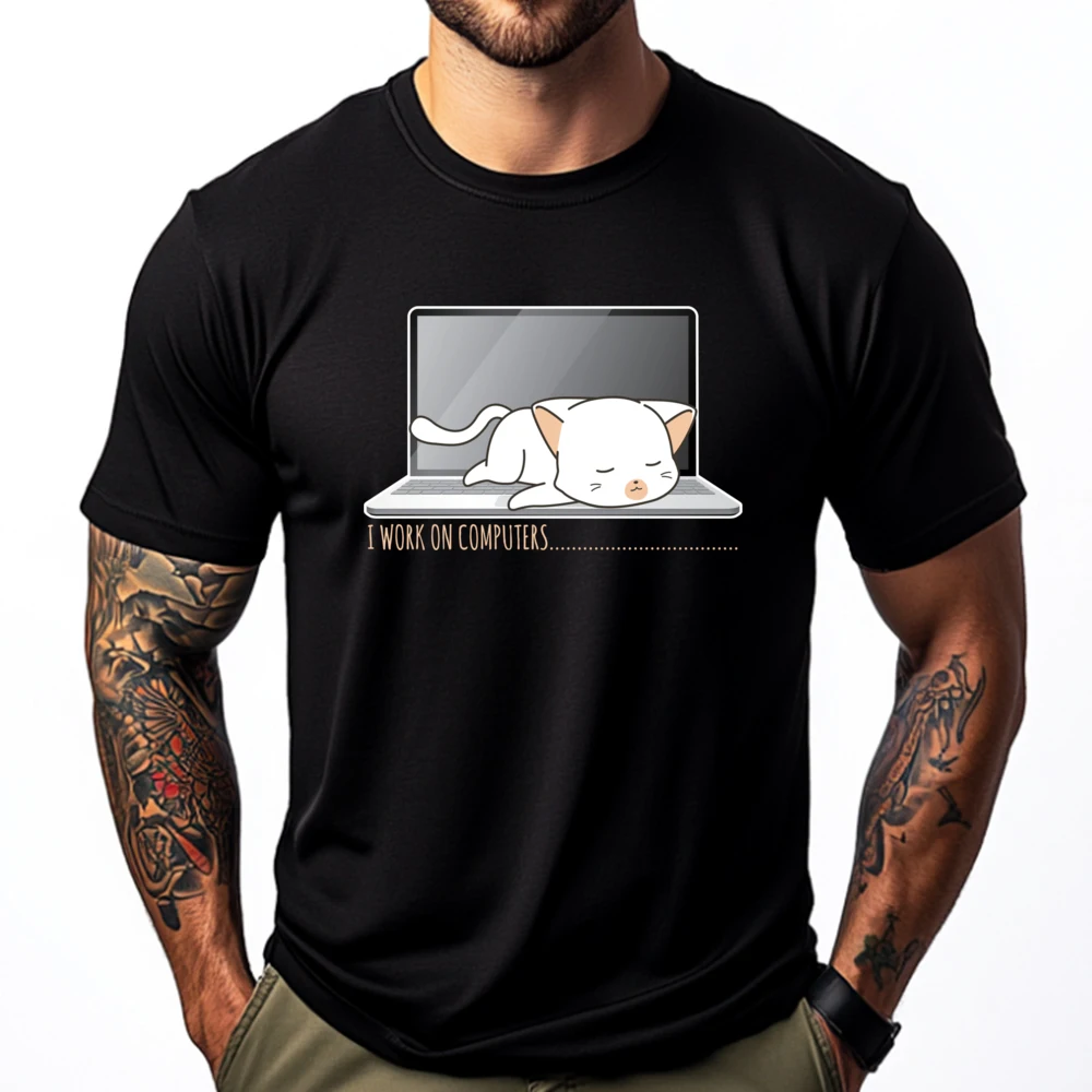 

Funny Programmer Cat Laptop Design I Work On Computers Funny T Shirts Men Short Sleeve T-Shirt Vegan