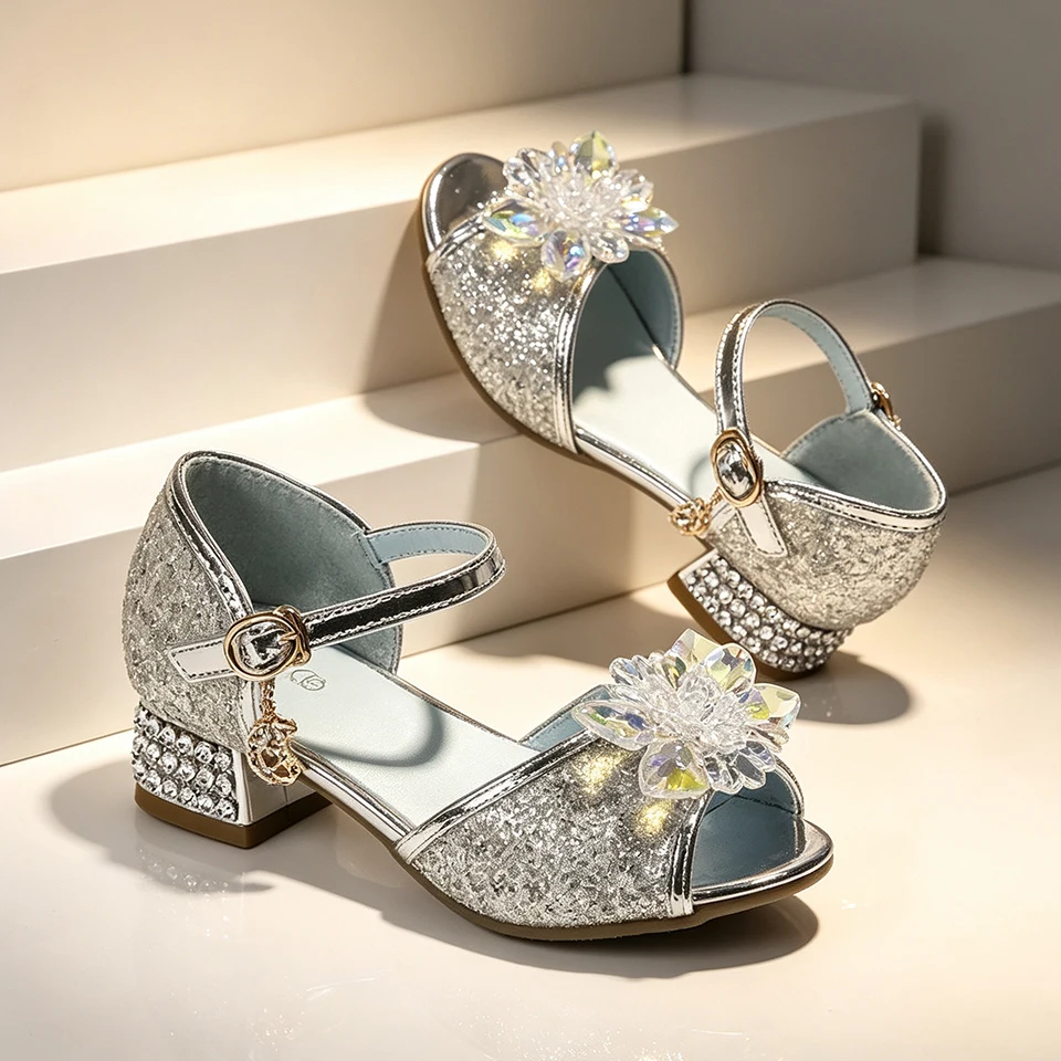 Summer Fancy Girls Shiny Crystal Flower Sandals Flower Girl Wedding Ceremony Birthday Celebration Cosplay Elegant Party Shoes