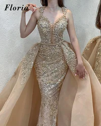 Two Pieces Champagne Celebrity Dresses With Detachable Train Pearls Mermaid Engagement Dresses For A Wedding Vestidos De Noche