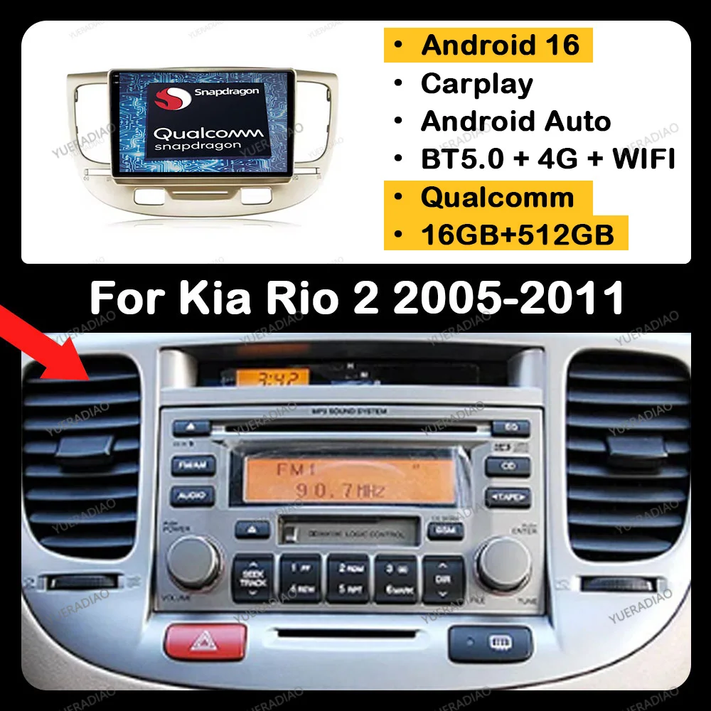 Radio para Auto Android 16 para Kia RIO 2 RIO2 2005 - 2011, Carplay Inalámbrico, Auto DSP, GPS, Estéreo, Reproductor de Video BT, Qualcomm 5G WIFI 4G LTE