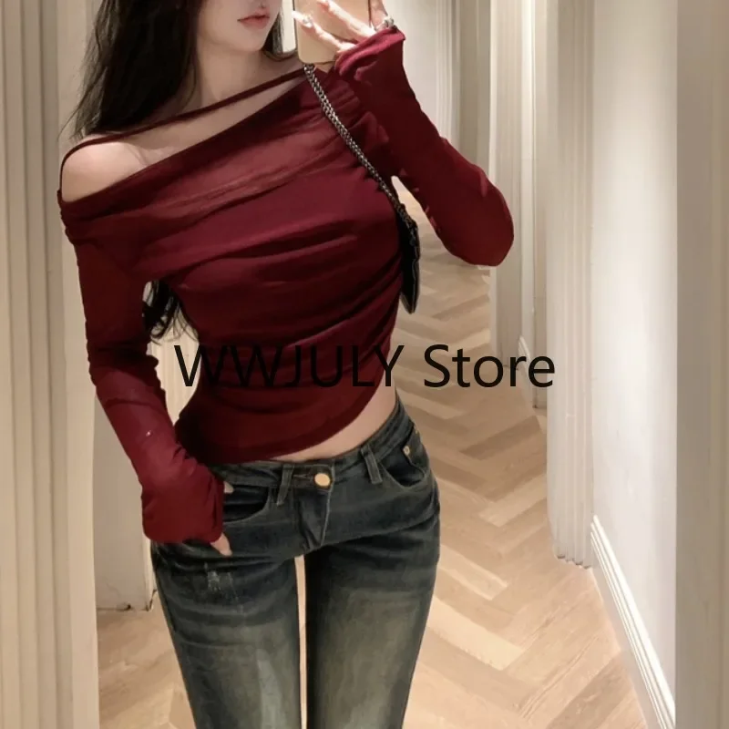 2024 Women Red Y2k Crop Tops Vintage Korean Retro High Street Off Shoulder Knit T-Shirt Streetwear Tee Shirt Fashion Clothing