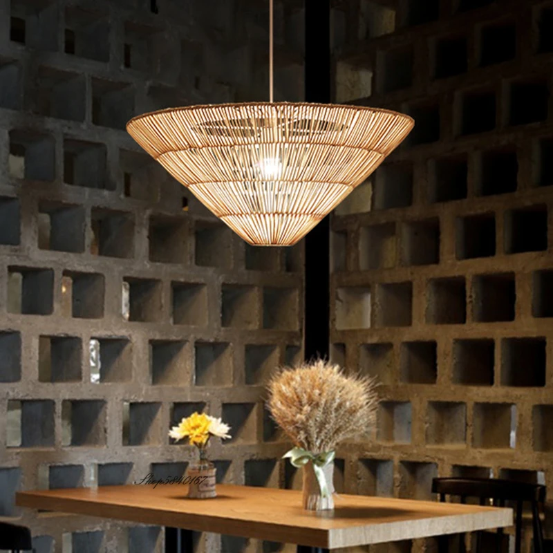 

Nordic Rattan woven chandelier Umbrella Rattan Pendant Lamp for Living Room Bedroom Restaurant Vintage Hemp Rope Pendant Light