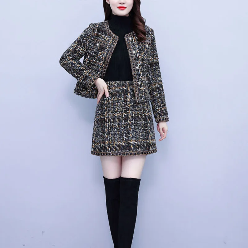 Single-Breasted Chic Tweed Coat+Skirt Women\'s Suit Spring Autumn New Korean Oversize 5XL Loose Plaid Skirt Two-Piece Suit