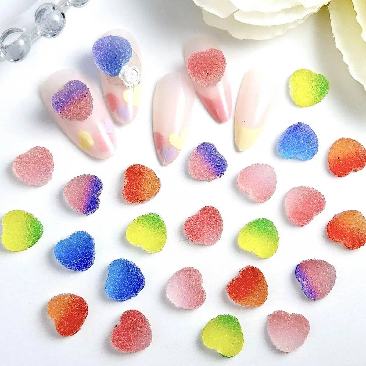 

30PCS Simulated Heart-Shaped Gummy Nail Charms 3D Resin Frosted Dual Color Gradient Candy Nail Art Decoration DIY Accessories