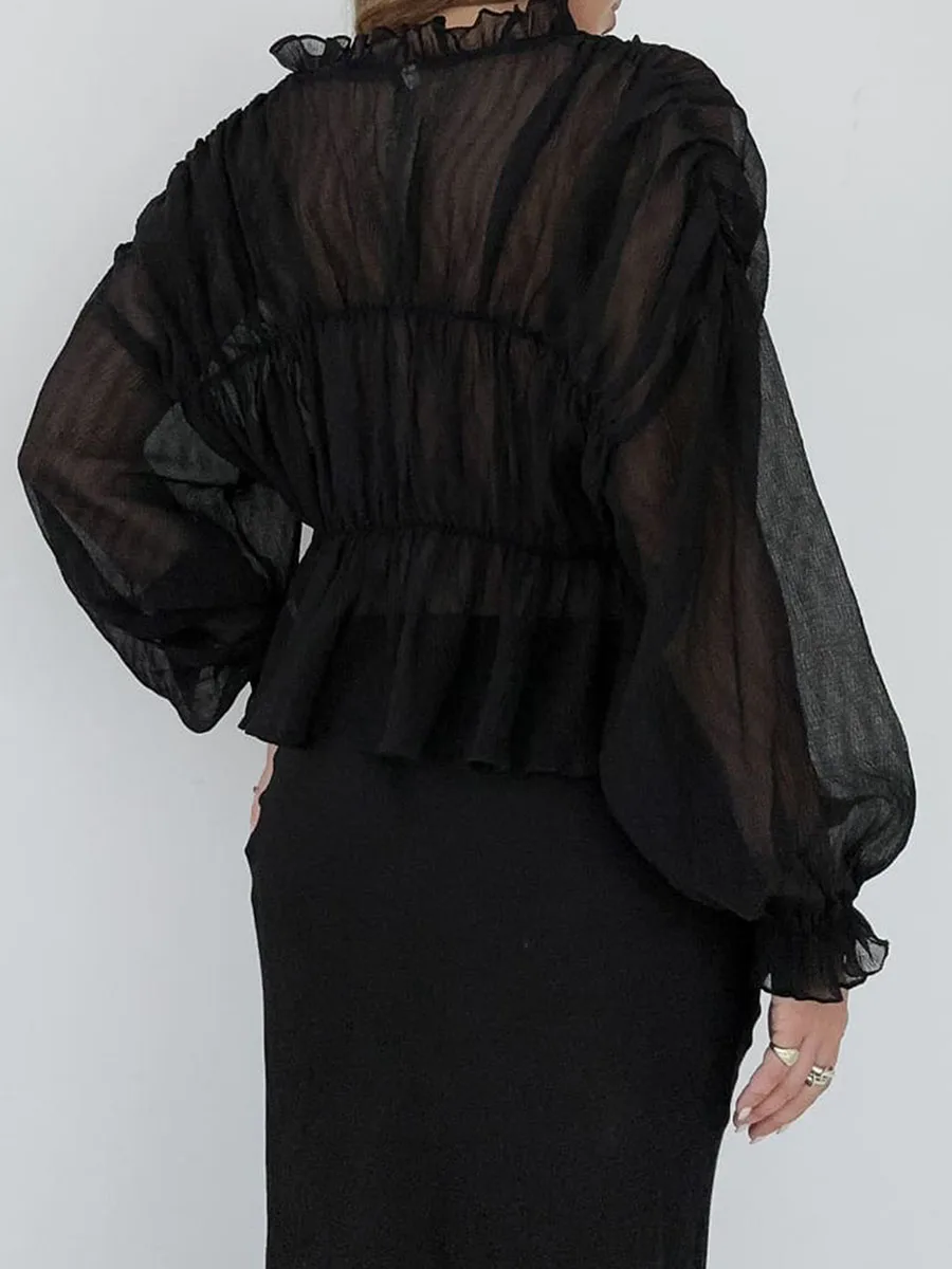 Women s Sheer Mesh Button Up Shirt Long Lantern Sleeve V Neck Peplum Tops Pleated Ruched See Through Blouse Tops