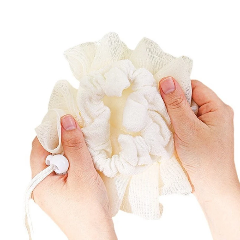 2-In-1 Bath Ball Towel Loofah With Drawstring Closure For Soap Soft Exfoliating Mesh Shower Sponge Skin Care Bathing Tool