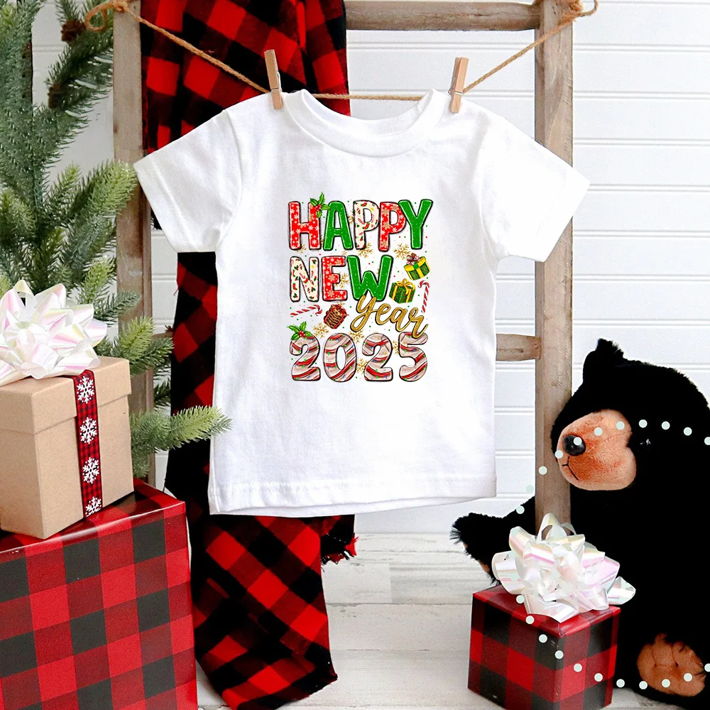 

Happy New Year 2025 Printed Kids T-shirt Short Sleeve Tee New Years Eve T-Shirt Christmas Toddler Shirts Funny Christmas Tee