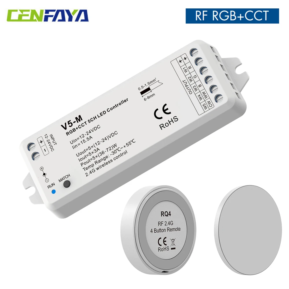 

CENFAYA Магнитный панельный диммер для LED-контроллеров 5-в-1 (одноцветный+CCT+RGB+RGBW+RGBCCT) с беспроводным радиочастотным пультом 2.4G