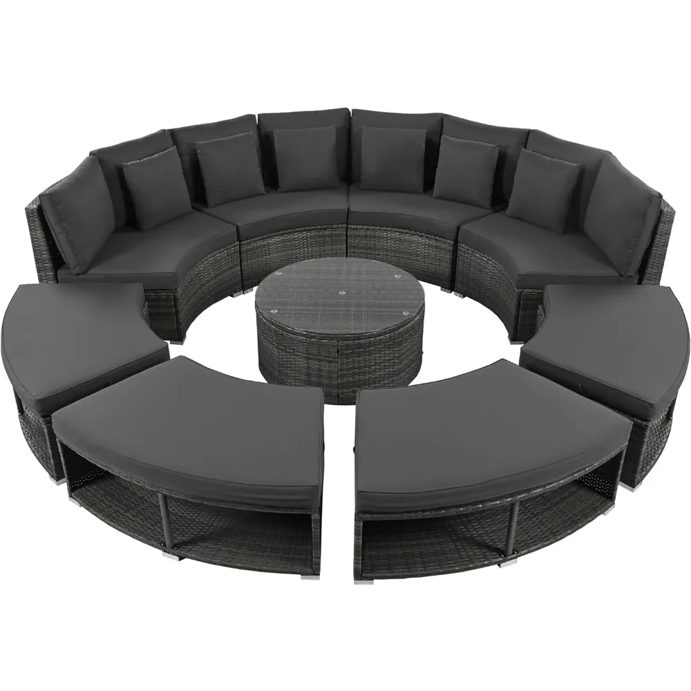 Conjunto de conversación para Patio al aire libre, juego de sofá Circular para exteriores, sofá Seccional de mimbre, conjunto de salón con mesa de