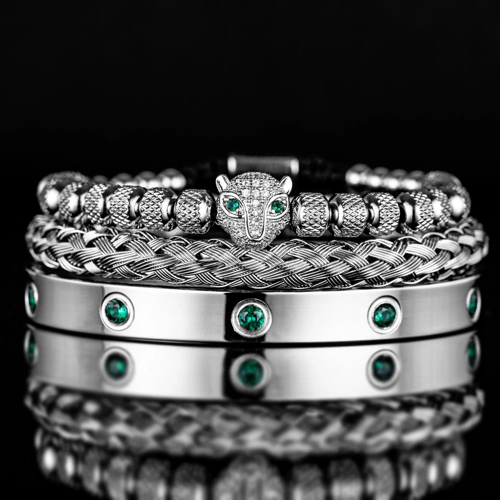Luxury Micro Pave Green CZ Leopard Head Royal Charm Men Bracelets Stainless Steel Crystals Bangles Couple Handmade Jewelry Gift