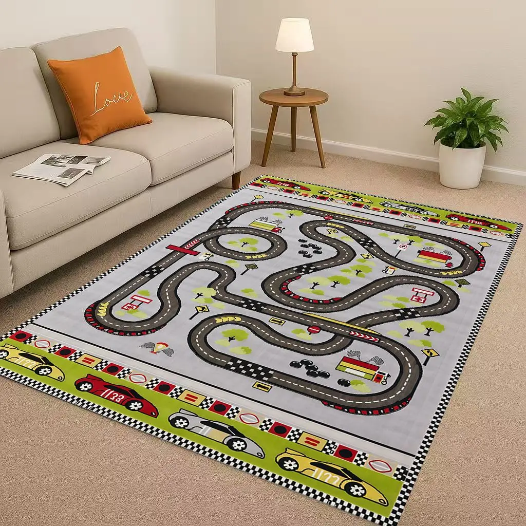 Child Interaction Game City Street Road Traffic Race Track Cartoon Living Room Kid Playroom Non-Slip Area Rug Carpet for Bedroom