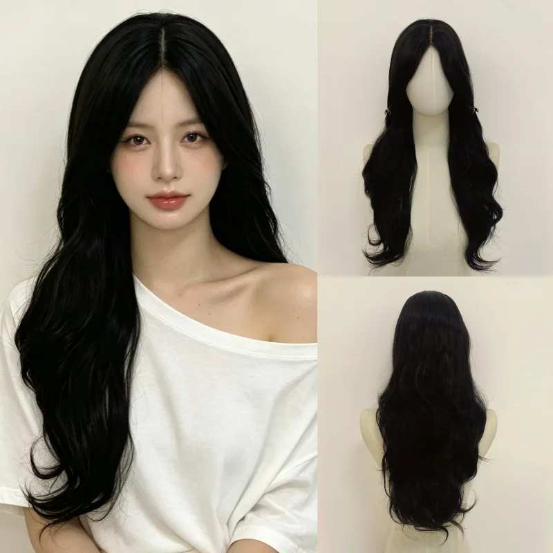 Medium-parted long curly hair daily style rose net fluffy matte silk machine-made full wig