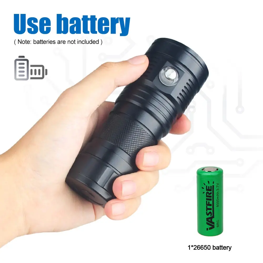 High Power Diving Flashlight IP68 Highest Waterproof Rating Professional Diving Light Powered by 26650 Battery With Hand Rope