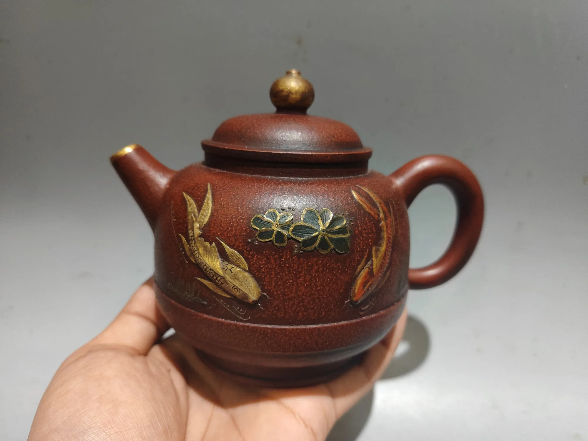 Old Chinese Handcraft Enameled  YiXing Zi Sha Clay  (red stoneware) Teapot,Gold-inlaid Yearly Abundance Teapot