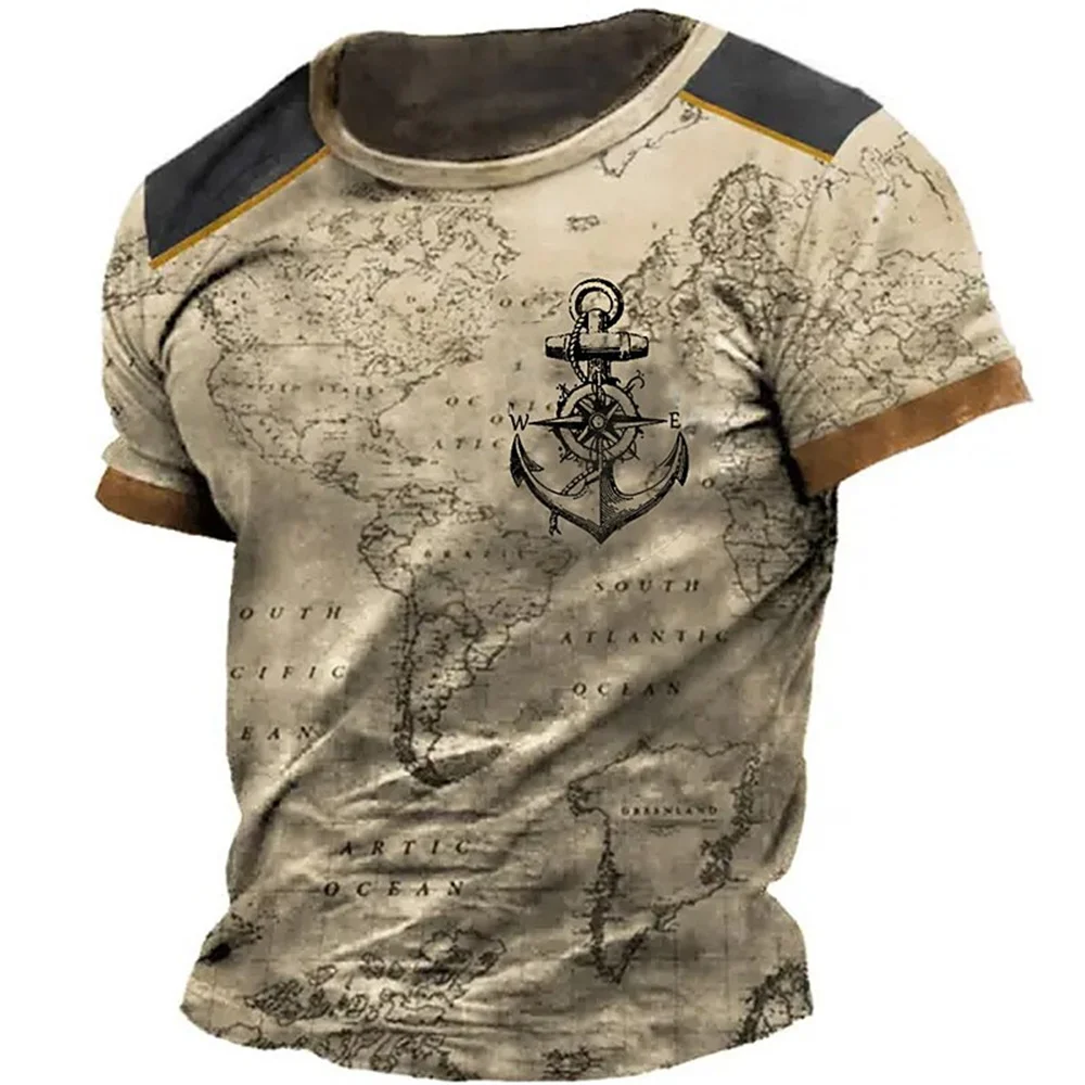 Men\'s T Shirt Vintage 3d Print Nautical Map Compass T-Shirt Round Neck Short Sleeve Male Top Casual Harajuku Tee Loose Clothing