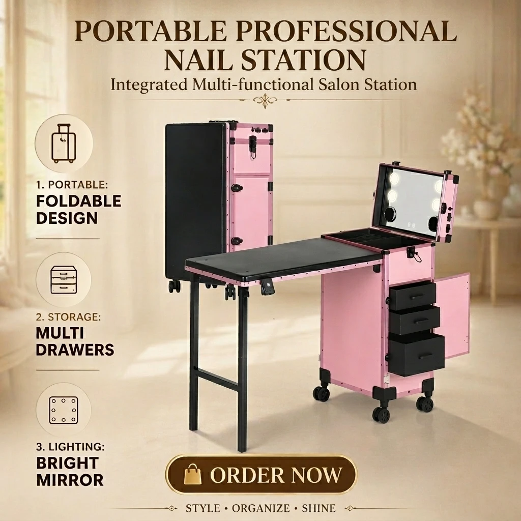 Beauty Studio Aluminum Nail Table Makeup Table - Foldable, Mobile, Large Storage, Stylish Salon
