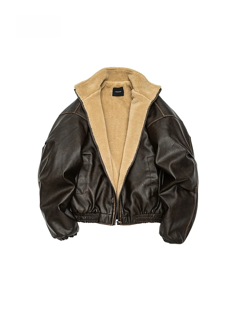 

Thiened Winter Cotton Jaet Men Women Couple Sle Motorcycle ort American Collar Warm Lamb Fur Lined Casual Coat